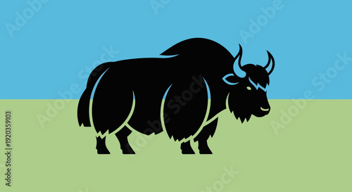 Stylized Black Yak on Green and Blue Background, Flat Illustration