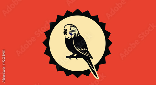 Stylized Budgerigar Bird Emblem on Red Background