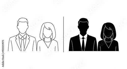 Simple black and white line art depicting two pairs of gendered silhouettes representing people high quality