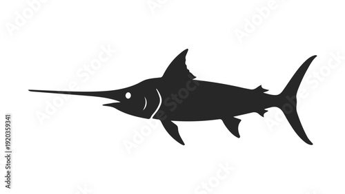 Black silhouette illustration of a swordfish, a powerful marine predator. Its long bill and sleek body symbolize speed and strength, ideal for logos and ocean-themed graphic designs