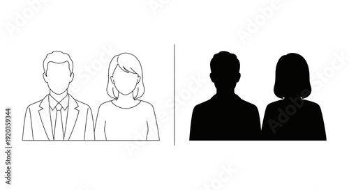 Simple illustrations of two pairs of people one outlined and one in solid silhouette high quality