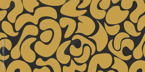 Abstract organic shapes pattern in mustard yellow and dark gray.