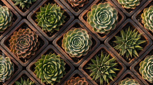 Artistic Close-up of Drought Resistant Desert Succulents Arranged in Symmetrical Geometric Pattern with Sharp Focus and Natural Earth Tones for Botanical Design