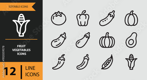 Fruit Vegetables Outline Icon Set for Nutrition and Farming Graphics