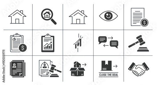 Real Estate Icons: House, Search, Contract, Auction, Handshake