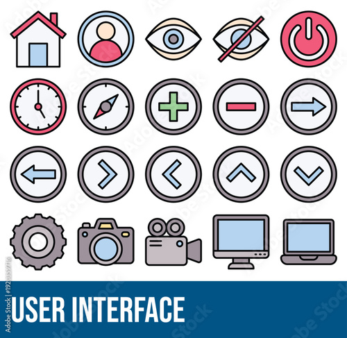 Set Of User Interface And User Essential Related Vector Icons. Lineal Colour Style Icon Set. 