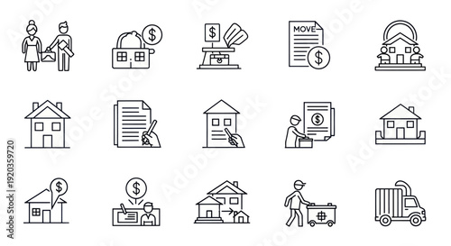 Real Estate Icons Set: Buying, Selling, Renting, Moving a House