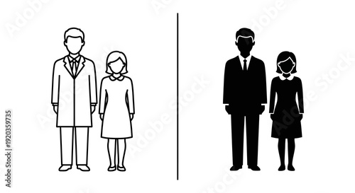 A split depiction of a man and woman shown in both white and black silhouettes
