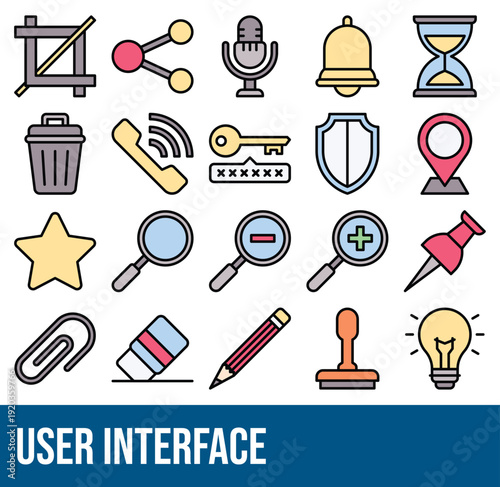 Set Of User Interface And User Essential Related Vector Icons. Lineal Colour Style Icon Set. 