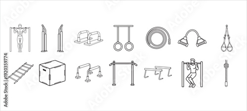 Functional and Bodyweight Training Equipment Line Icon Set for Calisthenics and Cross Training