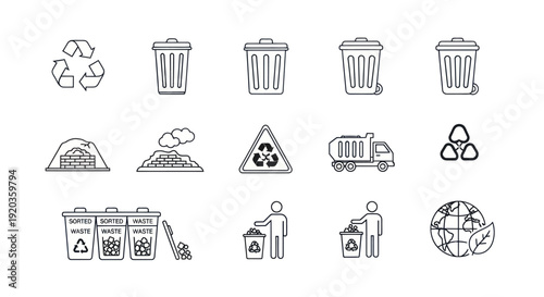 Recycling and Waste Management Icons: Trash Cans, Truck, Earth, and Sorting Bins