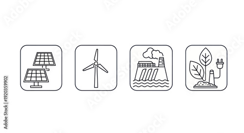 Renewable Energy Icons: Solar, Wind, Hydro, and Biomass Power Sources