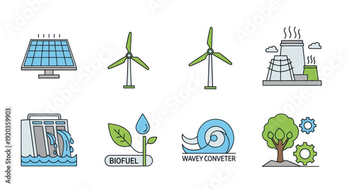 Renewable Energy Icons: Solar, Wind, Hydro, Biofuel, Wave, Geothermal, Eco Tree