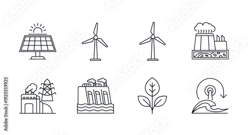 Renewable Energy Icons: Solar, Wind, Hydro, Geothermal, Biomass, Factory