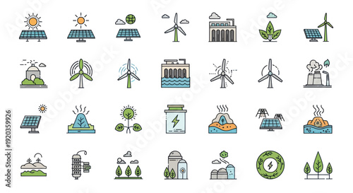 Renewable Energy Icons: Solar, Wind, Hydro, Geothermal, Biomass, Pollution