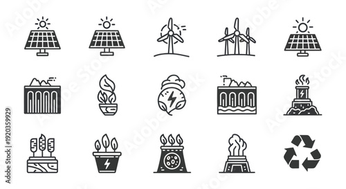 Renewable Energy Icons: Solar, Wind, Hydro, Geothermal, Biomass, Recycling