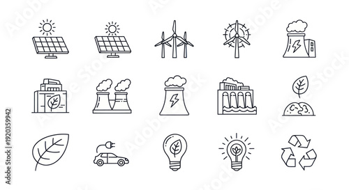 Renewable Energy Icons: Solar, Wind, Hydro, Nuclear, Eco-Friendly Concepts