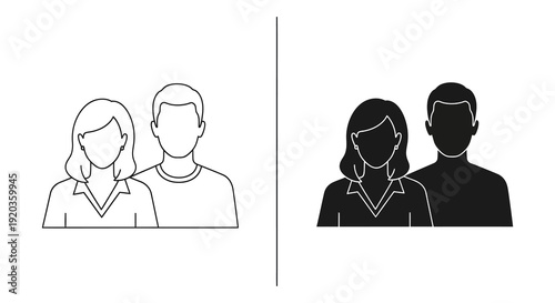 Two versions of a line art illustration depicting a man and a woman standing side by side