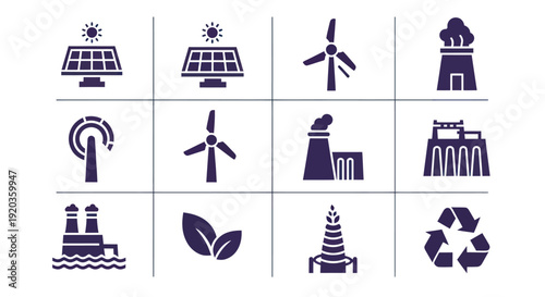 Renewable Energy Icons: Solar, Wind, Hydro, Nuclear, Recycling