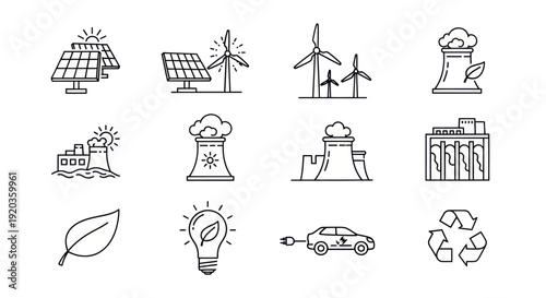 Renewable Energy Icons: Solar, Wind, Hydro, Nuclear, Electric Car, Recycle