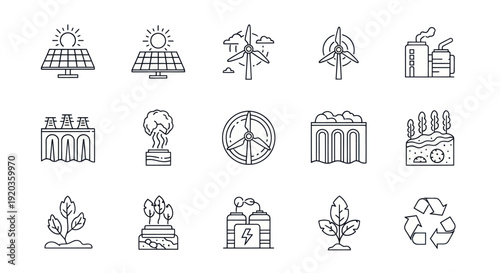 Renewable Energy Icons: Solar, Wind, Hydro, Recycling, and Green Power