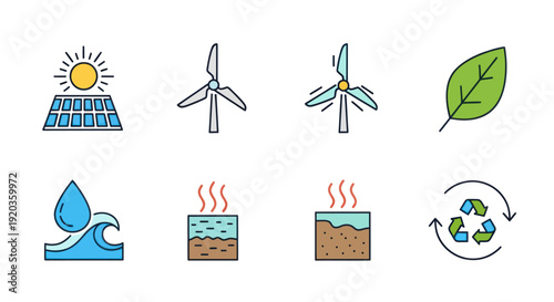 Renewable Energy Icons: Solar, Wind, Water, Geothermal, Biomass