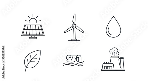 Renewable Energy Icons: Solar, Wind, Water, Leaf, Hydro, Factory