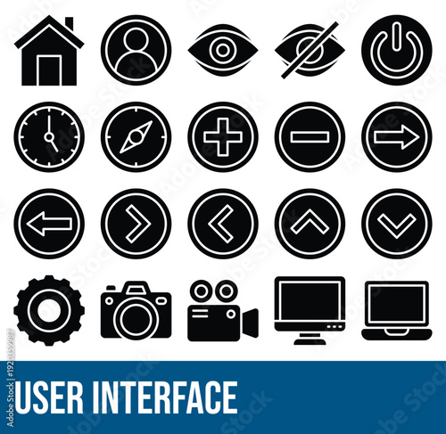 Set Of User Interface And User Essential Related Vector Icons Set. Black Solid Style Icon Set. 