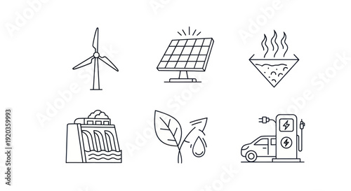 Renewable energy icons: wind, solar, geothermal, hydro, bio, electric car