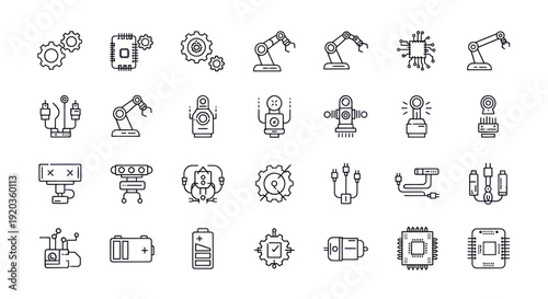 Robotics and Technology Icons: Automation, AI, Industry, Engineering, Innovation
