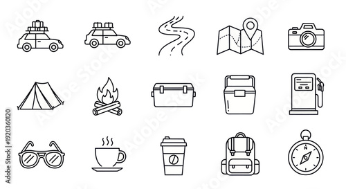 Road Trip Icons Set: Travel, Camping, Photography, Navigation, and Refreshment