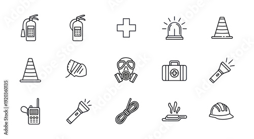 Safety and Emergency Icons Set: Fire Extinguisher, First Aid, Gas Mask, Hard Hat