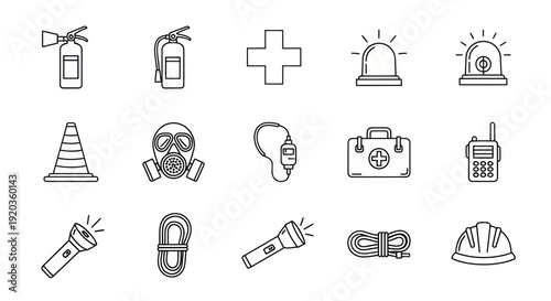 Safety Equipment Icons: Fire Extinguisher, First Aid, Warning Light, Gas Mask