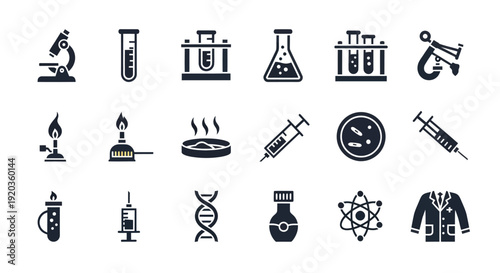 Science and Medical Icons Set: Microscope, DNA, Syringe, Lab Equipment, Chemistry