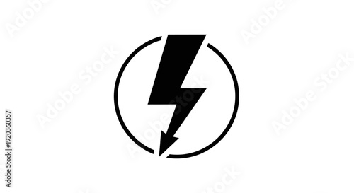 Black outline lightning bolt power icon in circular frame, isolated white background.