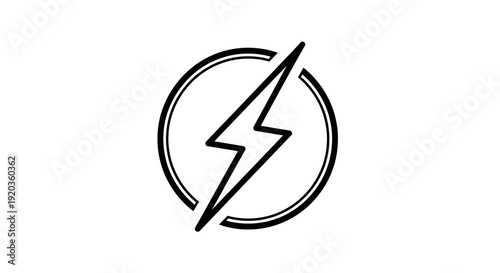 Black outline lightning bolt power icon in circular frame, isolated white background.