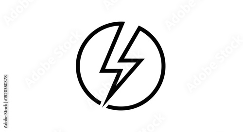 Black outline lightning bolt power icon in circular frame, isolated white background.