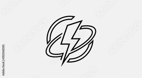 Black outline lightning bolt power icon in circular frame, isolated white background.
