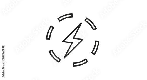 Black outline lightning bolt power icon in circular frame, isolated white background.