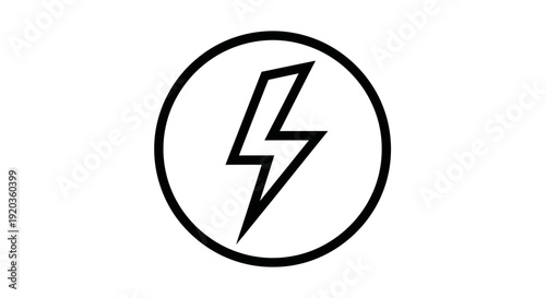Black outline lightning bolt power icon in circular frame, isolated white background.