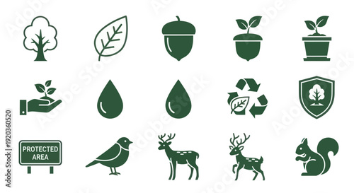 Nature Icons Set: Tree, Leaf, Acorn, Plant, Water Drop, Recycle, Wildlife, Bird, Deer, Squirrel