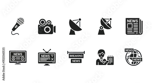News and Media Icons: Microphone, Camera, Satellite, Newspaper, TV, Globe