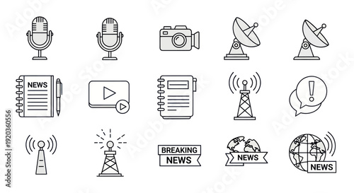 News and Media Icons Set: Microphone, Camera, Satellite, Broadcast, Breaking News