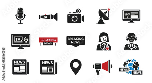 News Icons: Microphone, Camera, TV, Satellite, Newspaper, Megaphone, Globe