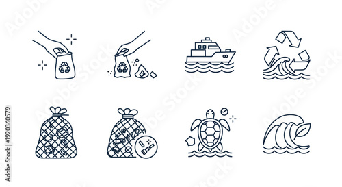 Ocean Cleanup Icons: Recycling, Trash Bags, Turtle, Wave, Boat