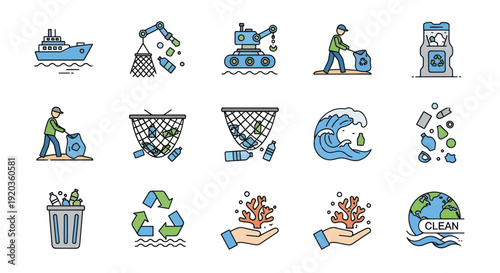 Ocean Pollution Cleanup Icons: Recycling, Marine Debris Collection, Wave