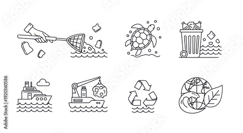 Ocean Pollution Icons: Cleanup, Turtle, Trash, Ship, Recycle, Earth