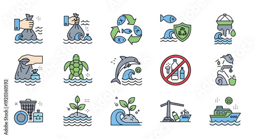 Ocean Pollution Icons: Plastic Waste, Recycling, Marine Life Protection
