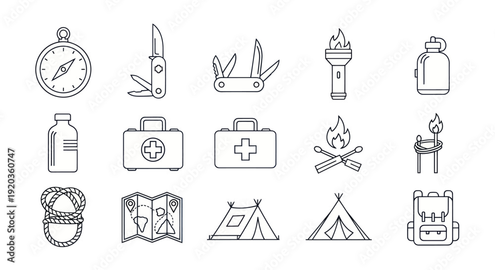 Fototapeta premium Outdoor Adventure Icons: Compass, Knife, First Aid, Tent, Backpack, Map