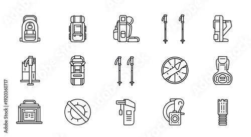 Outdoor Adventure Gear Icons: Backpacks, Trekking Poles, Carabiner, Compass